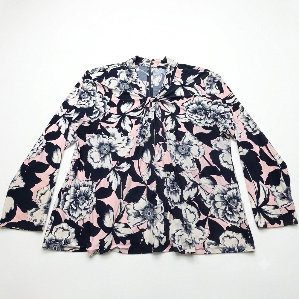 Tommy Hilfiger Womens Plus 2X Blouse Floral Twist Front Top Navy Pink Stretch